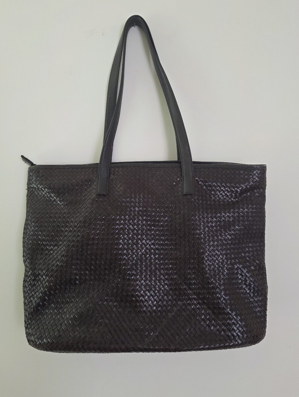 90s Leather Braided Tote Bag Talbots Zip Top Brown Preppy Boho Minimalist